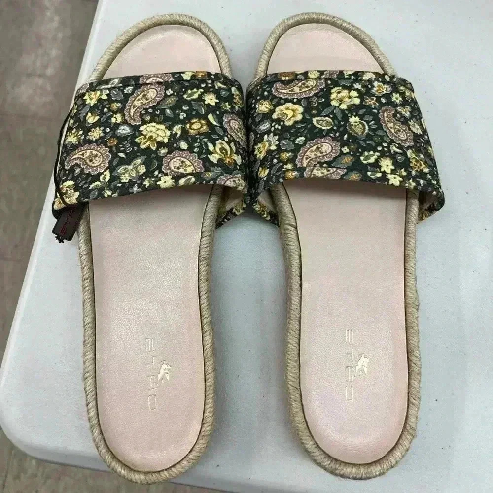 NWT Etro Canvas Floral Paisley Print Espadrilles Slides Black EU 38 US 7 1/2